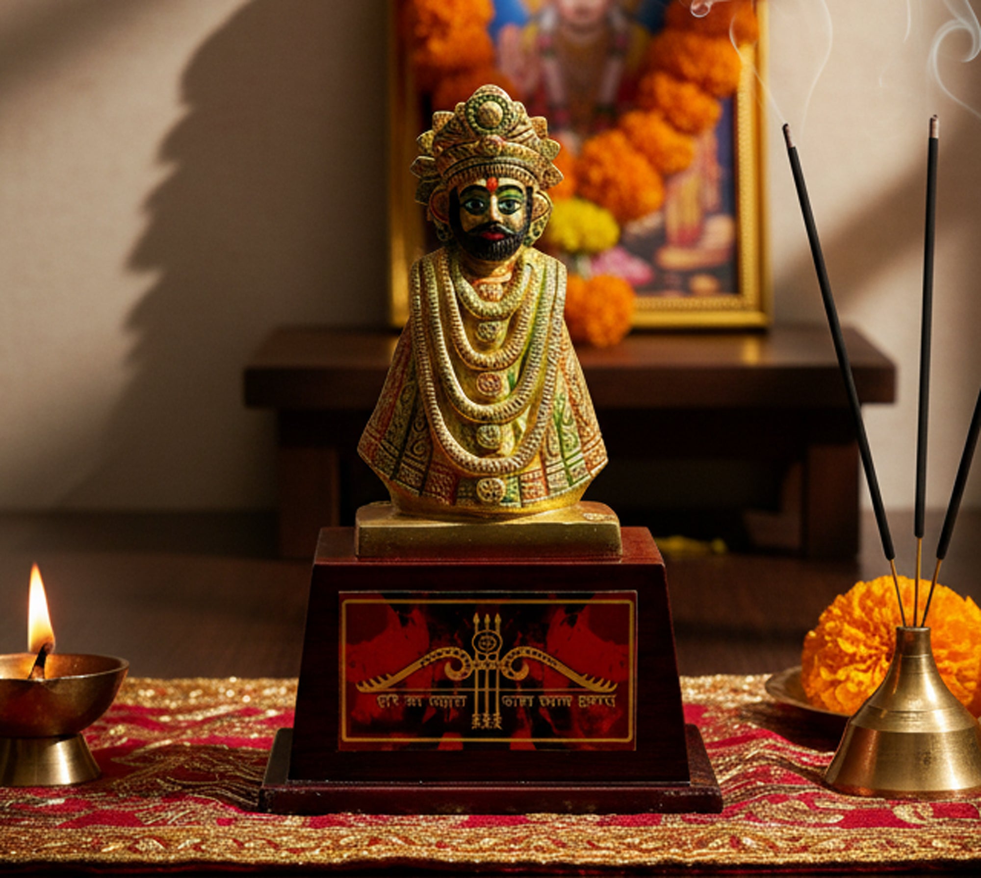 ESPLANADE Brass Khatu Shyam Ji Statue | Khatu Shyam Baba Idol for Home Temple | Pooja Idols Home Decor | Golden Multicolor - 9" Inches